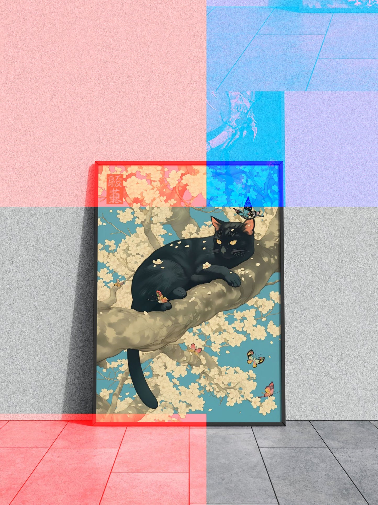 Black Cat Sakura Tree Asian Style Poster | Wall Art for Home & Office | High-Quality Print