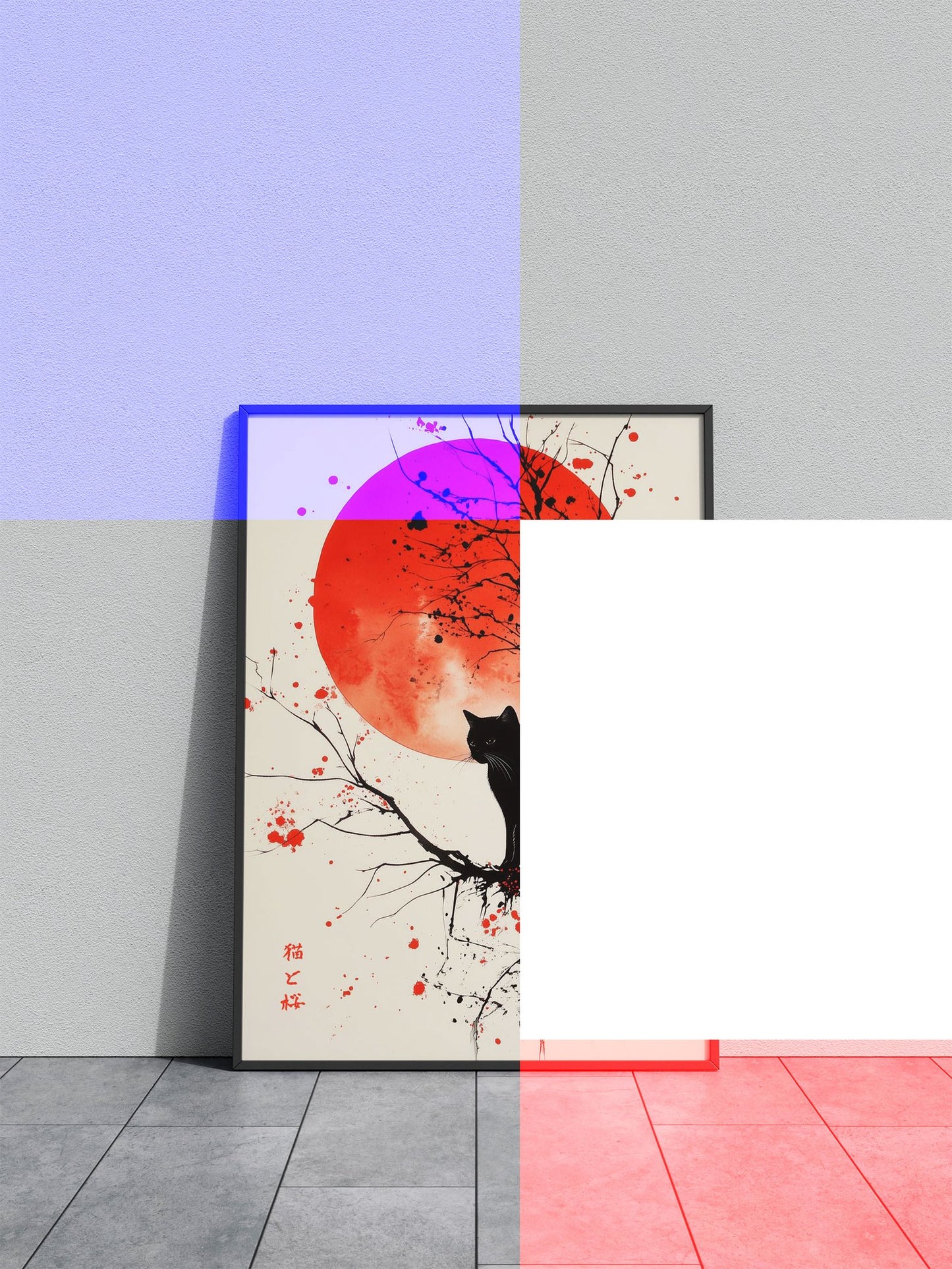 Black Cat Under Red Moon Asian Style Poster | Wall Art for Home & Office | High-Quality Print