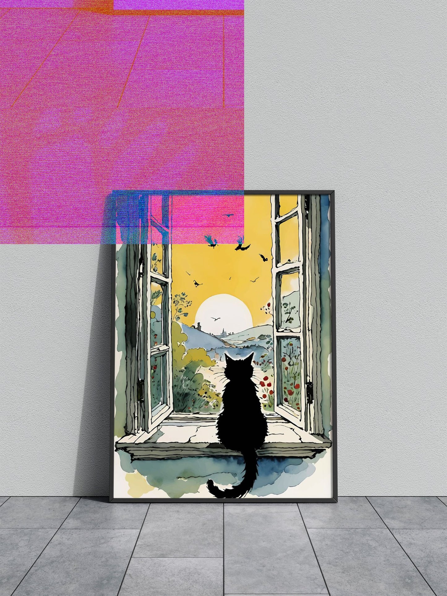 Black Cat Window View Asian Style Poster | Wall Art for Home & Office | High-Quality Print