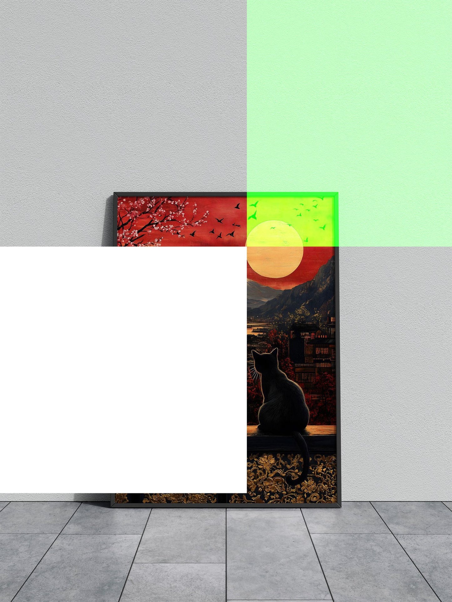 Black Cat & Mt. Fuji Asian Style Poster | Wall Art for Home & Office | High-Quality Print