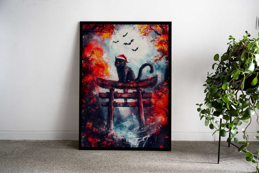 Black Cat in Torii Gate Asian Style Poster | Wall Art for Home & Office | High-Quality Print