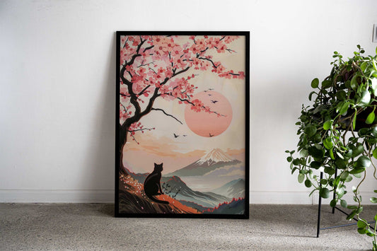 Black Cat under Sakura Asian Style Poster | Wall Art for Home & Office | High-Quality Print