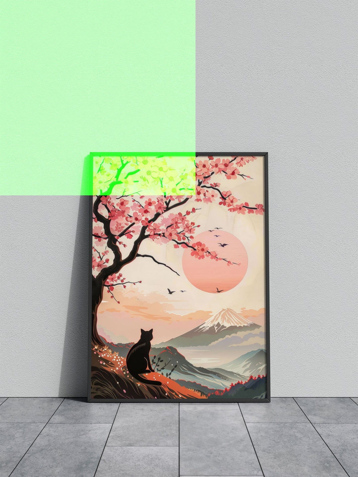 Black Cat under Sakura Asian Style Poster | Wall Art for Home & Office | High-Quality Print