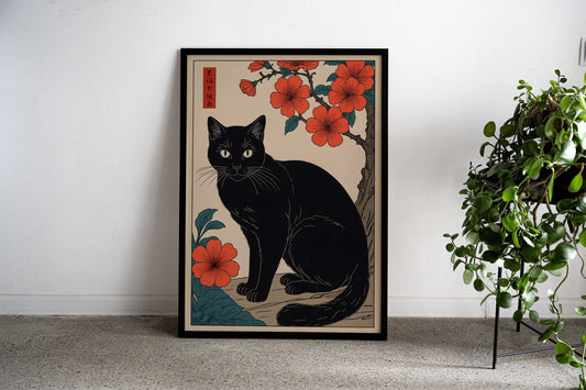 Black Cat Asian Style Poster | Wall Art for Home & Office | High-Quality Print