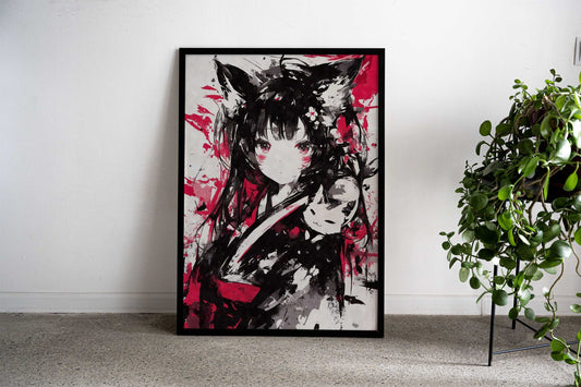 Black Ink Nekomimi Cat Asian Style Poster | Wall Art for Home & Office | High-Quality Print