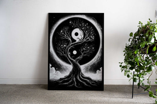 Black and White Yin Yang Space Tree Asian Style Poster | Wall Art for Home & Office | High-Quality Print