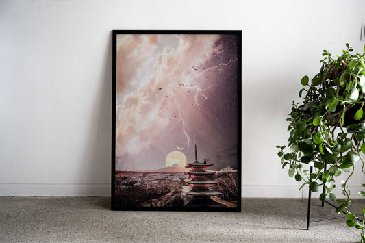 Black cat and Mount Fuji Asian Style Poster | Wall Art for Home & Office | High-Quality Print