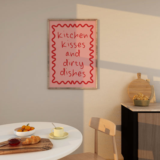Kitchen Kisses And Dirty Dishes | Red and Dusty Pink | Art Print - High-Quality Premium Wall Art Decor Sticker