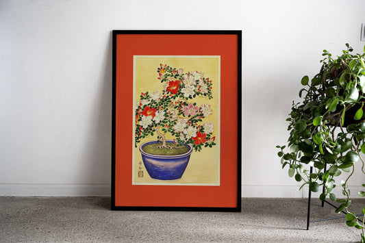 Blooming Azalea Blue Pot Asian Style Poster | Wall Art for Home & Office | High-Quality Print - High-quality vinyl