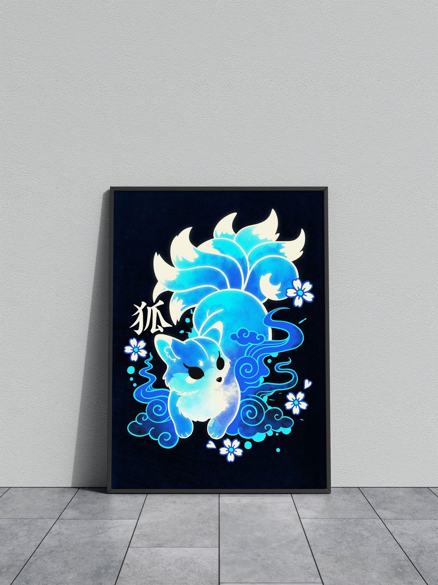 Blue Kitsune with Nine Tails Asian Style Poster | Wall Art for Home & Office | High-Quality Print