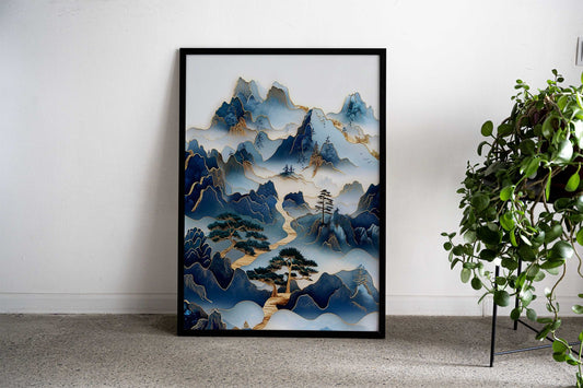 Blue & Gold Mountain Landscape Asian Style Poster | Wall Art for Home & Office | High-Quality Print