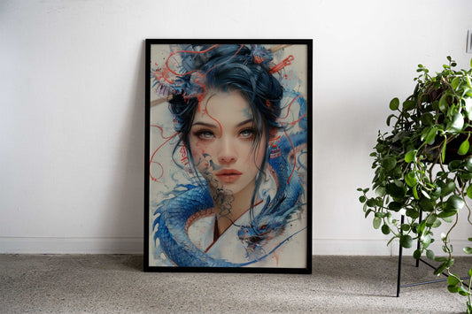 Blue geisha dragon Asian Style Poster | Wall Art for Home & Office | High-Quality Print