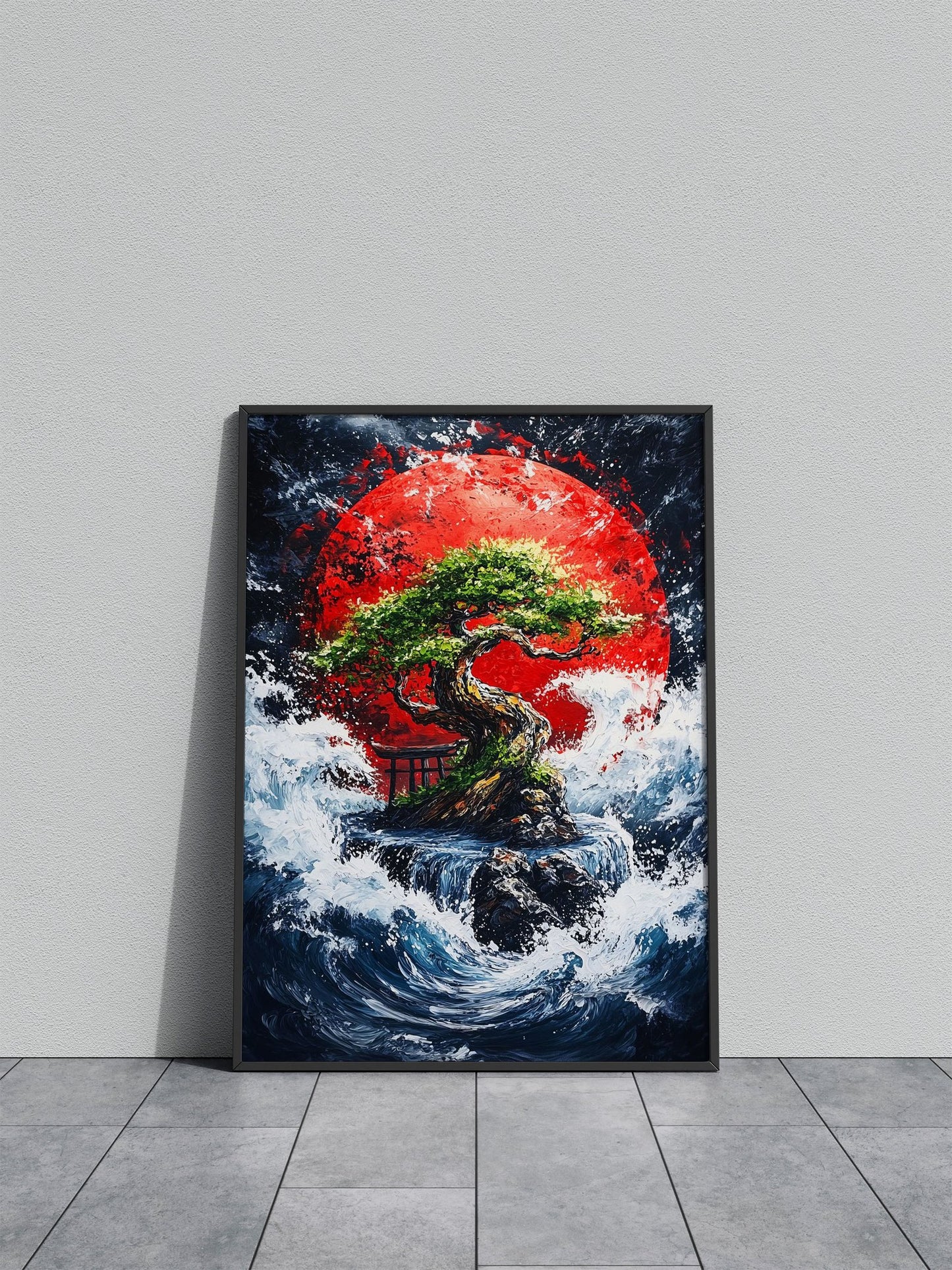 Bonsai Tree Under Red Moon Asian Style Poster | Wall Art for Home & Office | High-Quality Print