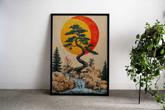 Bonsai Tree and Waterfall Asian Style Poster | Wall Art for Home & Office | High-Quality Print - High-quality vinyl