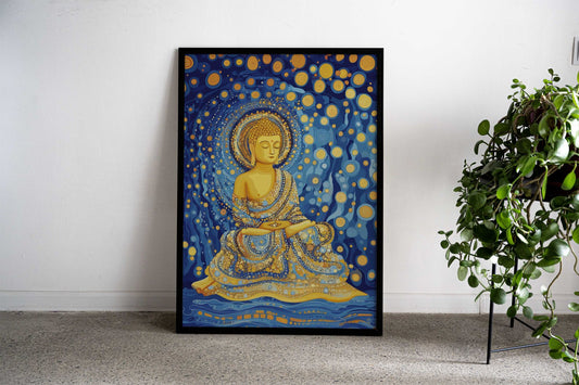 Buddha Starry Night Meditation Poster Art Asian Style Poster | Wall Art for Home & Office | High-Quality Print - Hi