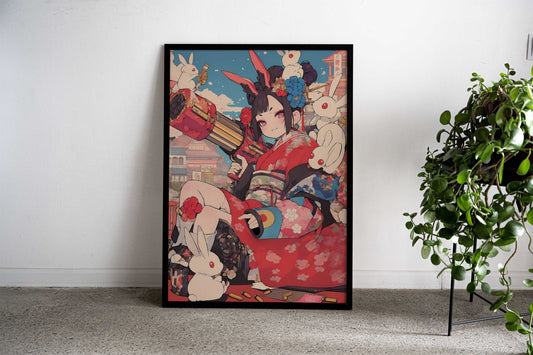 Bunny Blaster Geisha Asian Style Poster | Wall Art for Home & Office | High-Quality Print - High-quality vinyl skin
