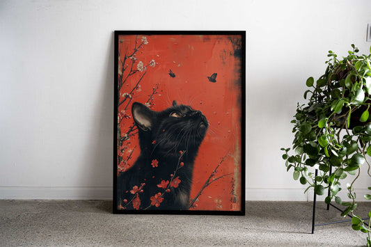 Cat Cherry Blossum Japan Asian Style Poster | Wall Art for Home & Office | High-Quality Print - High-quality vinyl