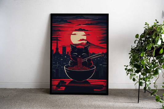 Cat Ramen Japan Sunset Asian Style Poster | Wall Art for Home & Office | High-Quality Print - High-quality vinyl sk