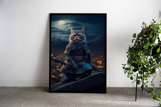 Cat Samurai Moon Asian Style Poster | Wall Art for Home & Office | High-Quality Print - High-quality vinyl skin wra