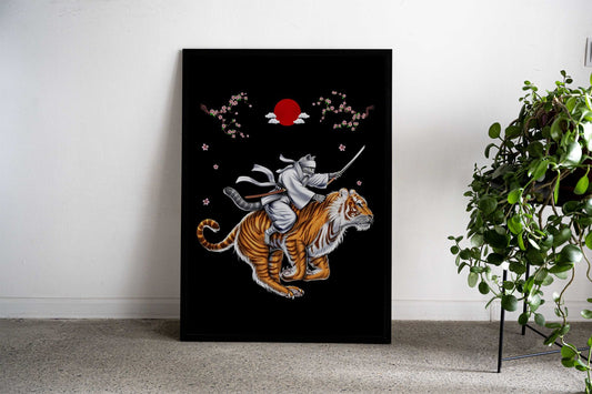 Cat Samurai Riding Tiger Asian Style Poster | Wall Art for Home & Office | High-Quality Print - High-quality vinyl