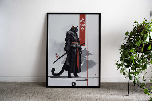 Cat Samurai aesthetic Asian Style Poster | Wall Art for Home & Office | High-Quality Print - High-quality vinyl ski