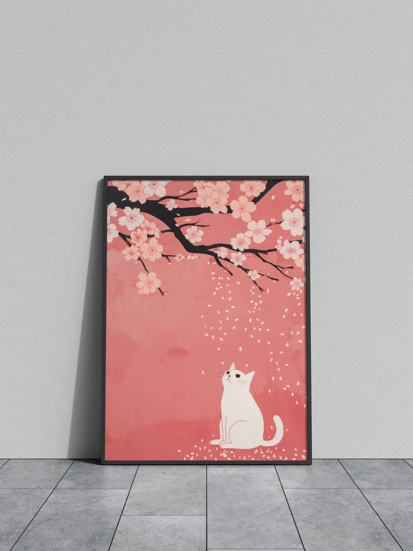 Cat Under Cherry Blossoms Asian Style Poster | Wall Art for Home & Office | High-Quality Print - High-quality vinyl