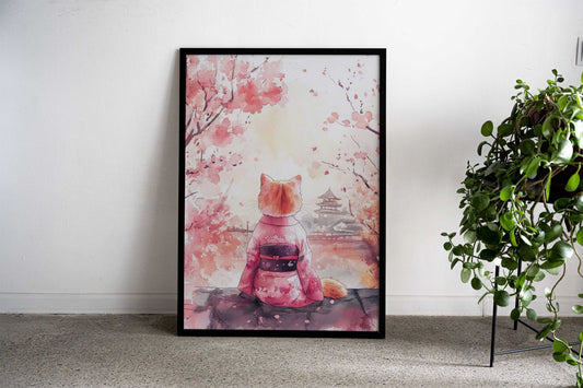 Cat at Sakura Park Asian Style Poster | Wall Art for Home & Office | High-Quality Print - High-quality vinyl skin w