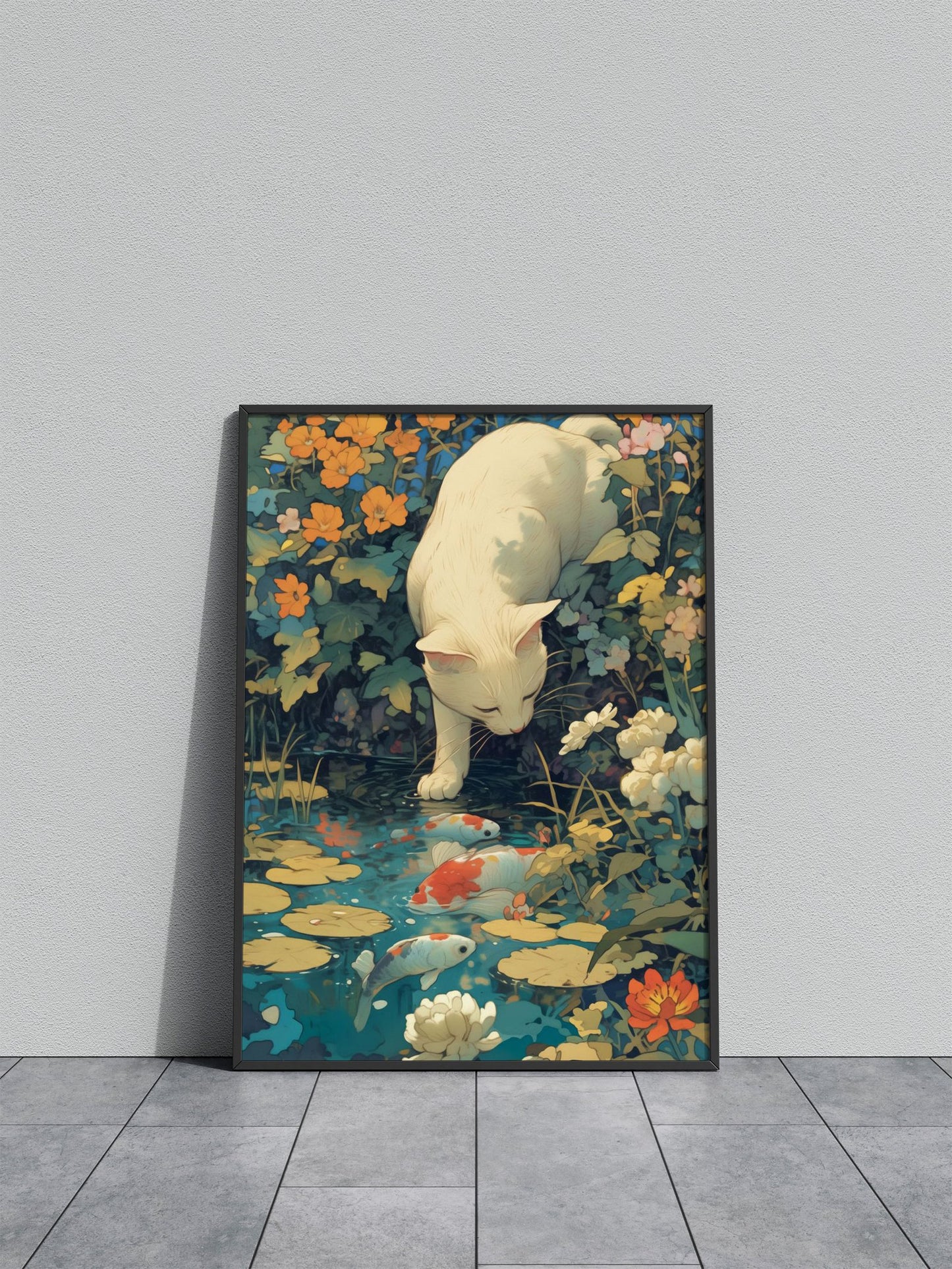 Cat by the Koi Fish Pond Asian Style Poster | Wall Art for Home & Office | High-Quality Print