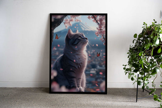 Cat in Cherry Blossom Asian Style Poster | Wall Art for Home & Office | High-Quality Print - High-quality vinyl ski
