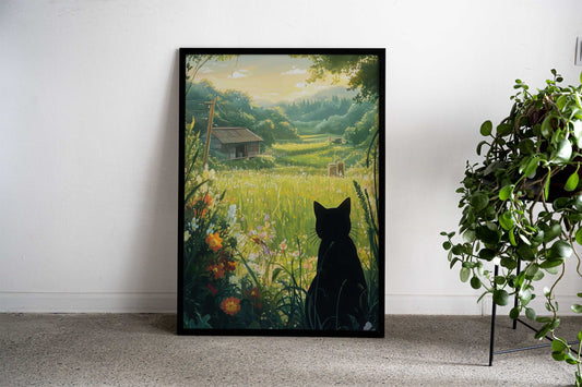 Cat in a Field Asian Style Poster | Wall Art for Home & Office | High-Quality Print - High-quality vinyl skin wrap