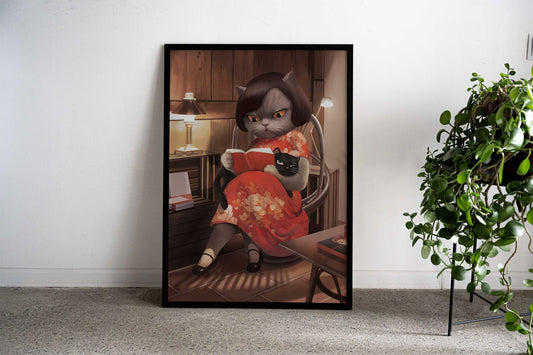 Cat reading a book Asian Style Poster | Wall Art for Home & Office | High-Quality Print - High-quality vinyl skin w