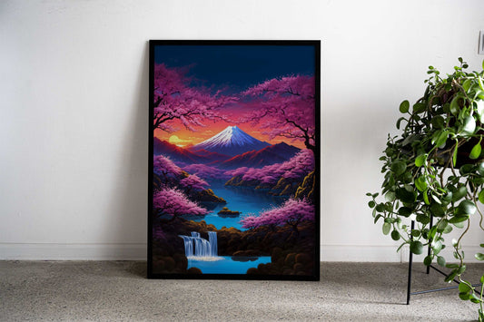 Cherries and waterfall Asian Style Poster | Wall Art for Home & Office | High-Quality Print - High-Quality Visual Display