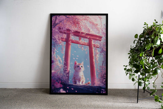 Cherry Blossom Cat Torii Asian Style Poster | Wall Art for Home & Office | High-Quality Print - High-Quality Visual Display