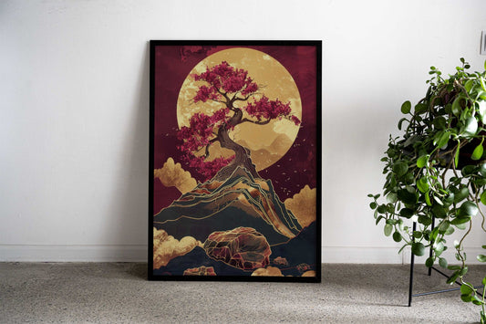 Cherry Blossom Tree on Mountain Burgundy Kintsugi Art Asian Style Poster | Wall Art for Home & Office | High-Quality Print - High-Quality Visual Display