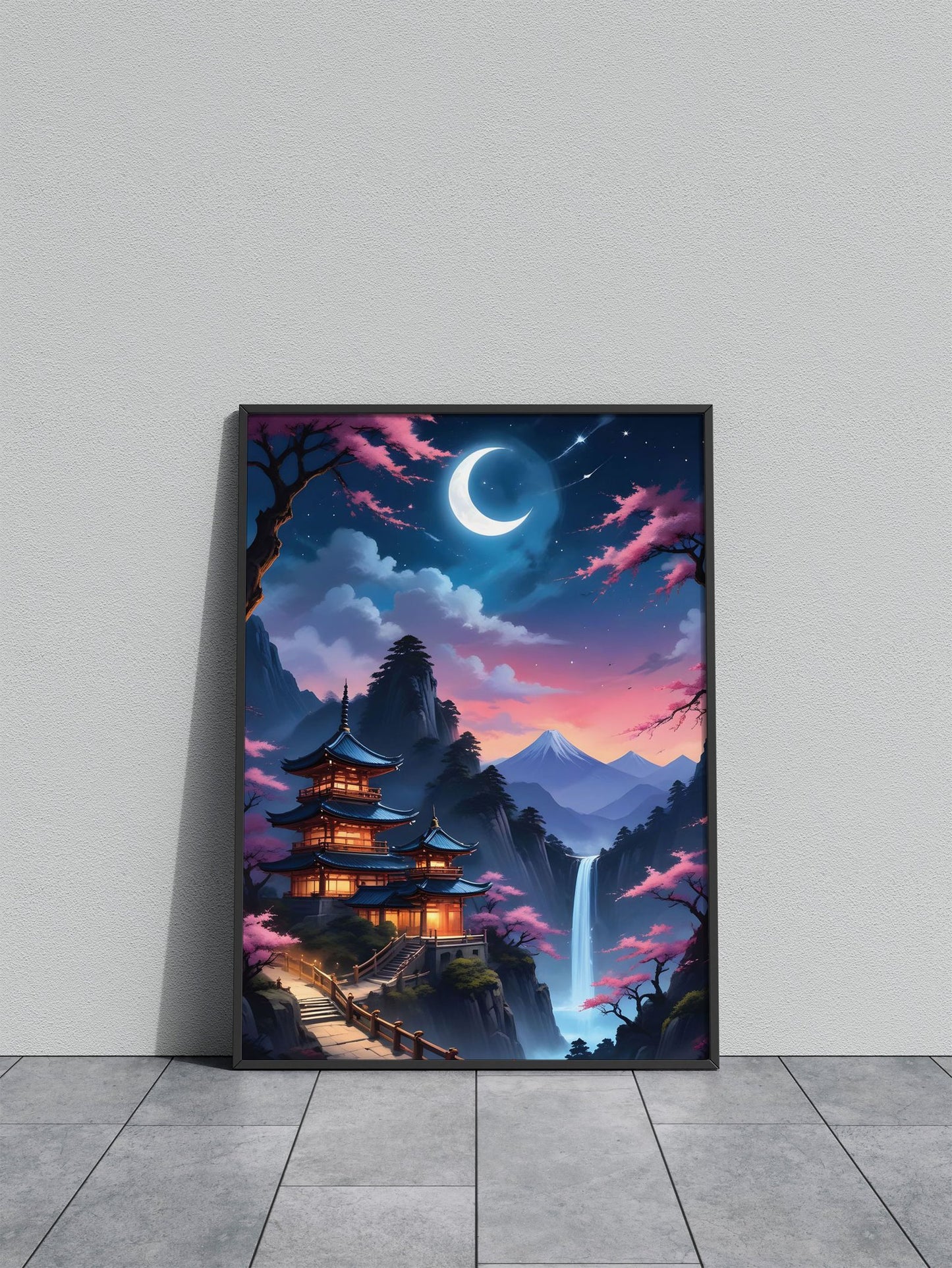 Cherry Blossom Waterfall Asian Style Poster | Wall Art for Home & Office | High-Quality Print