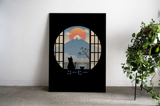 Coffee Cat in Mt Fuji Asian Style Poster | Wall Art for Home & Office | High-Quality Print - High-Quality Visual Display
