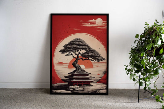 Crimson Bonsai Asian Style Poster | Wall Art for Home & Office | High-Quality Print - High-Quality Visual Display