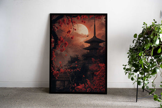 Crimson Moon Over Sakura Asian Style Poster | Wall Art for Home & Office | High-Quality Print - High-Quality Visual Display