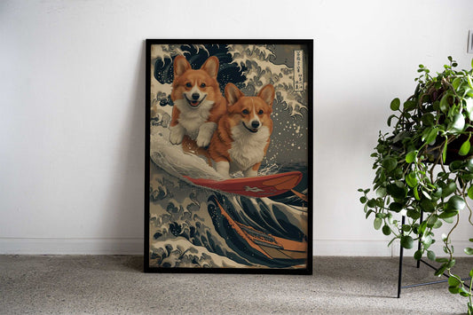 Cute corgis surfing Asian Style Poster | Wall Art for Home & Office | High-Quality Print - High-Quality Visual Display