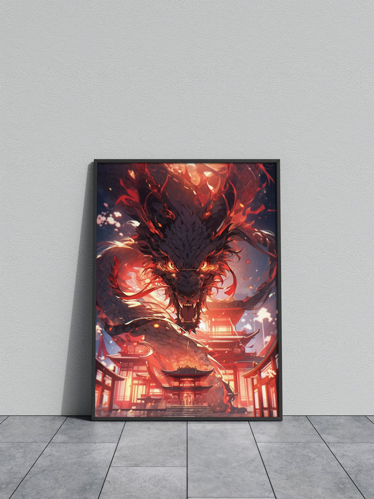 Fiery Dragon Over City Asian Style Poster | Wall Art for Home & Office | High-Quality Print - High-Quality Visual Display