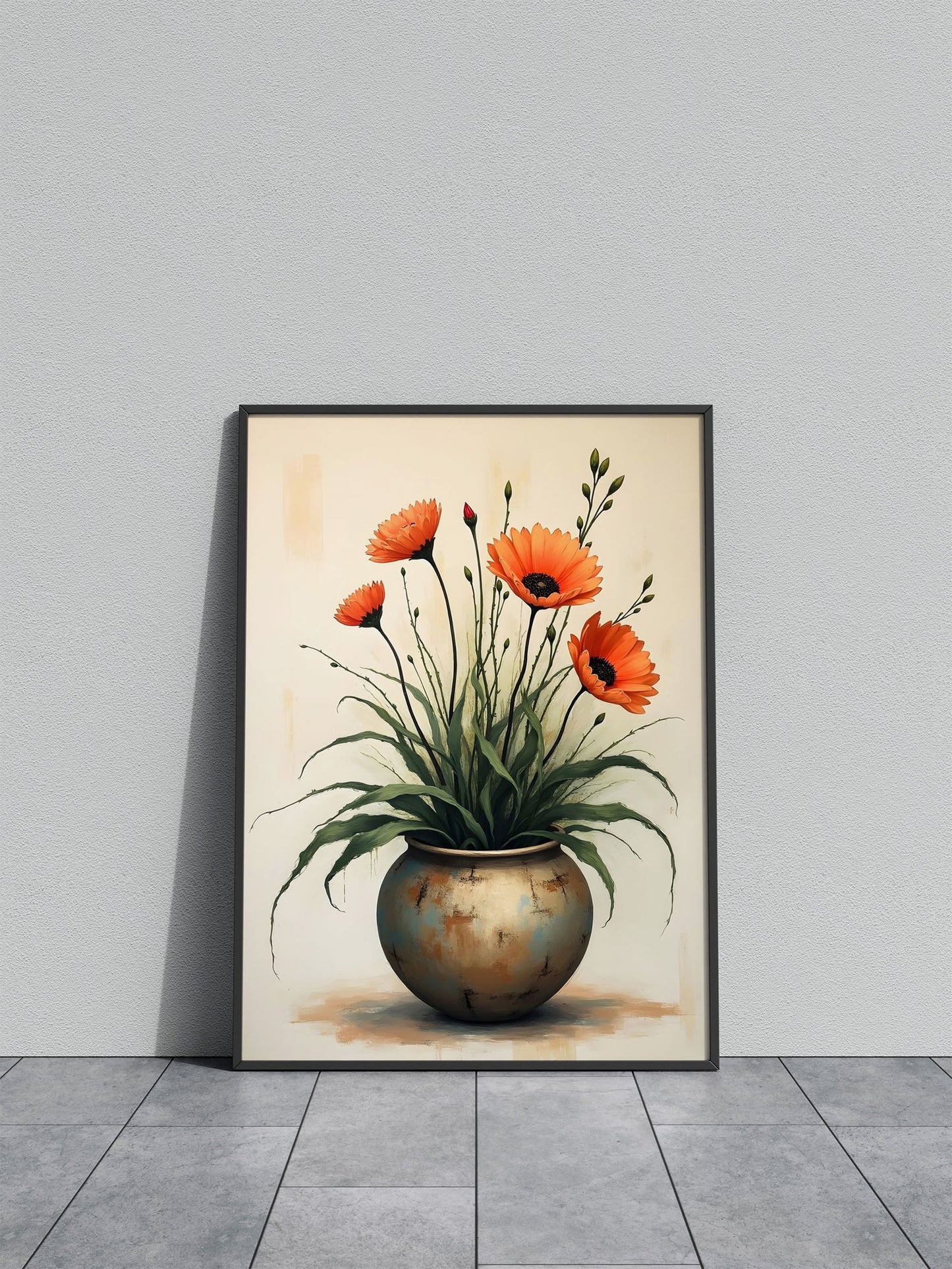 Flowers in a rustic earthy-toned vase Asian Style Poster | Wall Art for Home & Office | High-Quality Print