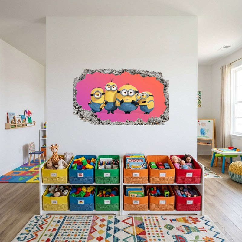 Four Minions Talking Laughing Red 3D Smashed Wall Art Decal Sticker Kids Kids Room Wall Decal Sticker