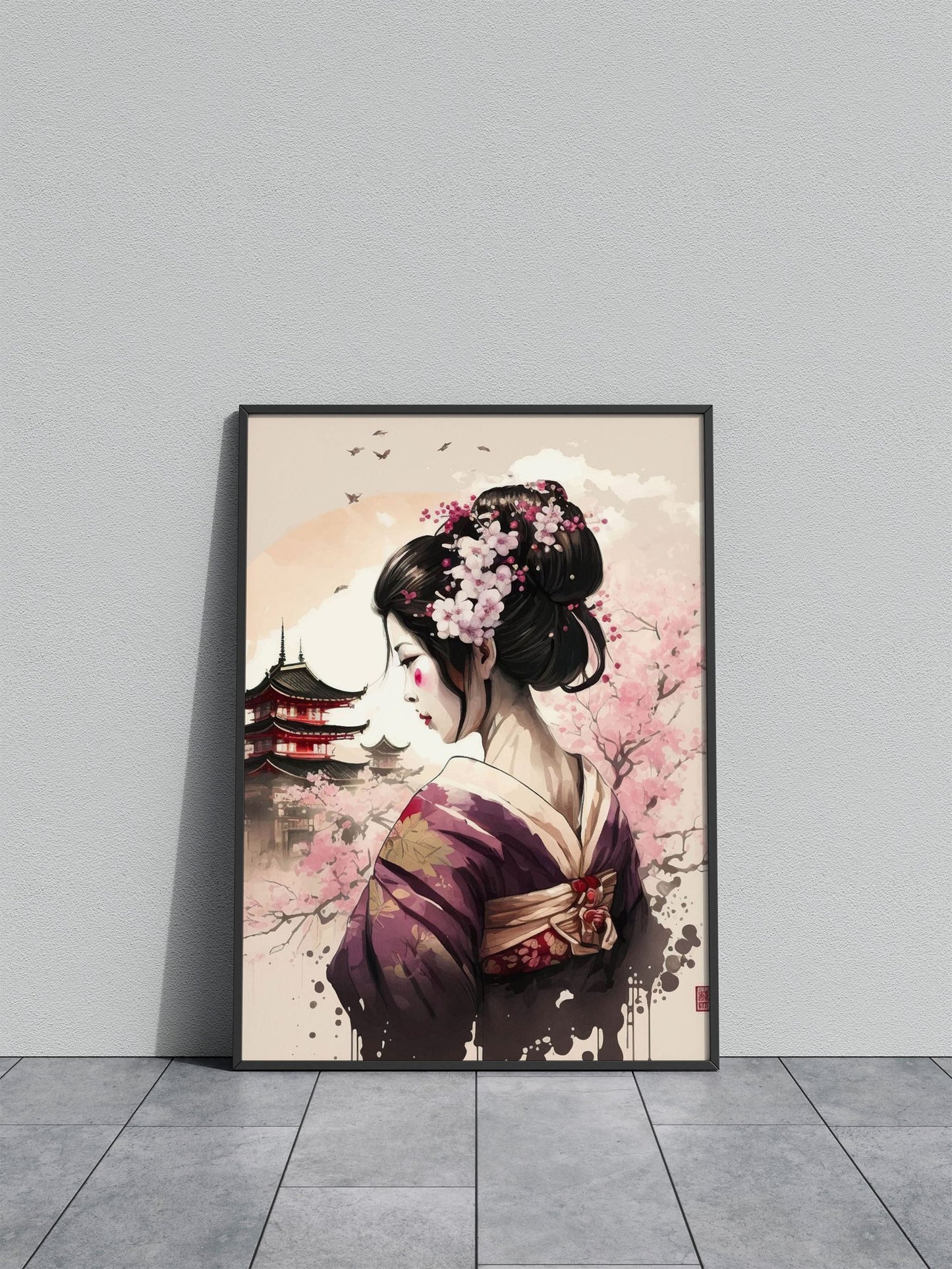 Geisha Cherry Blossom Asian Style Poster | Wall Art for Home & Office | High-Quality Print