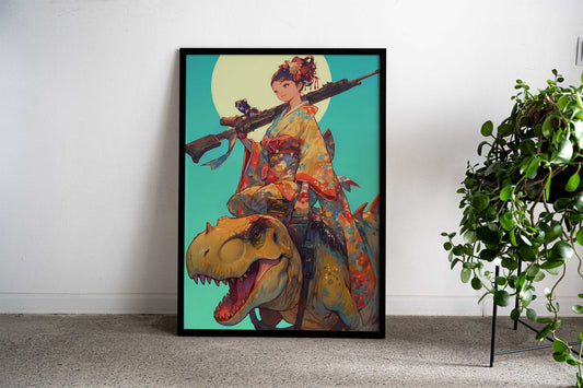 Geisha Dinosaur Hunter Asian Style Poster | Wall Art for Home & Office | High-Quality Print - High-Quality Visual Display