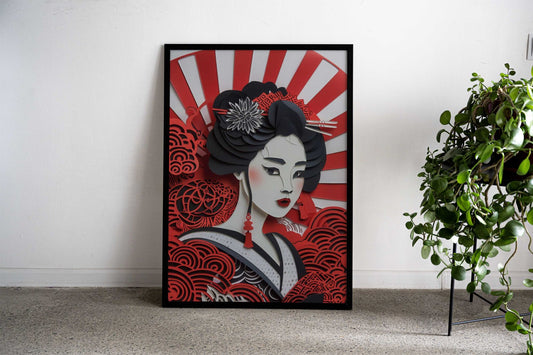 Geisha Flat Paper Craft Asian Style Poster | Wall Art for Home & Office | High-Quality Print - High-Quality Visual Display