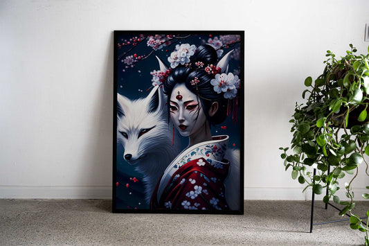 Geisha Fox Cherry Japan Asian Style Poster | Wall Art for Home & Office | High-Quality Print - High-Quality Visual Display