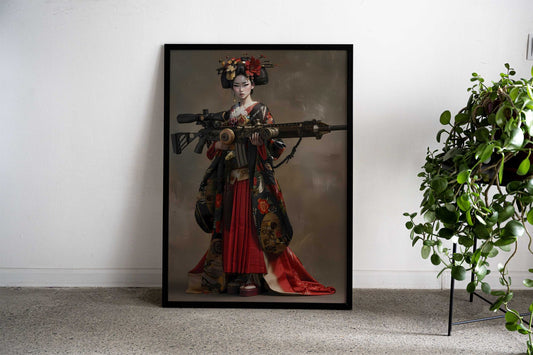 Geisha Holding Giant Gun Asian Style Poster | Wall Art for Home & Office | High-Quality Print - High-Quality Visual Display