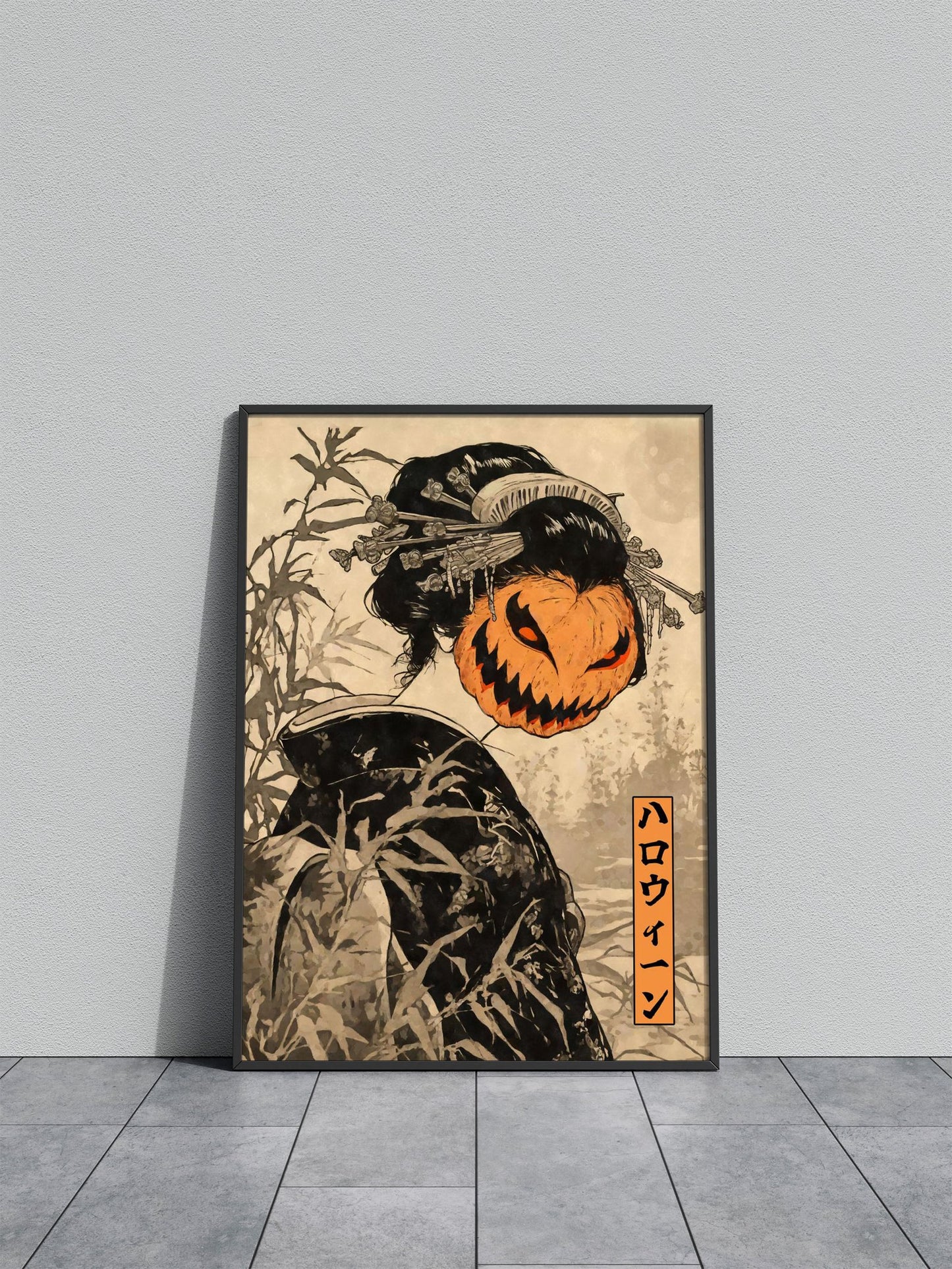 Geisha Pumpkin Mask Halloween Asian Style Poster | Wall Art for Home & Office | High-Quality Print