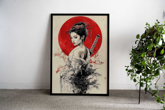 Geisha Red Moon Samurai Asian Style Poster | Wall Art for Home & Office | High-Quality Print - High-Quality Visual Display