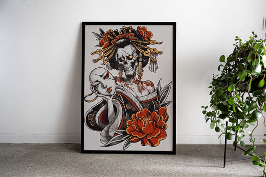 Geisha Skull Tattoo Asian Style Poster | Wall Art for Home & Office | High-Quality Print - High-Quality Visual Display